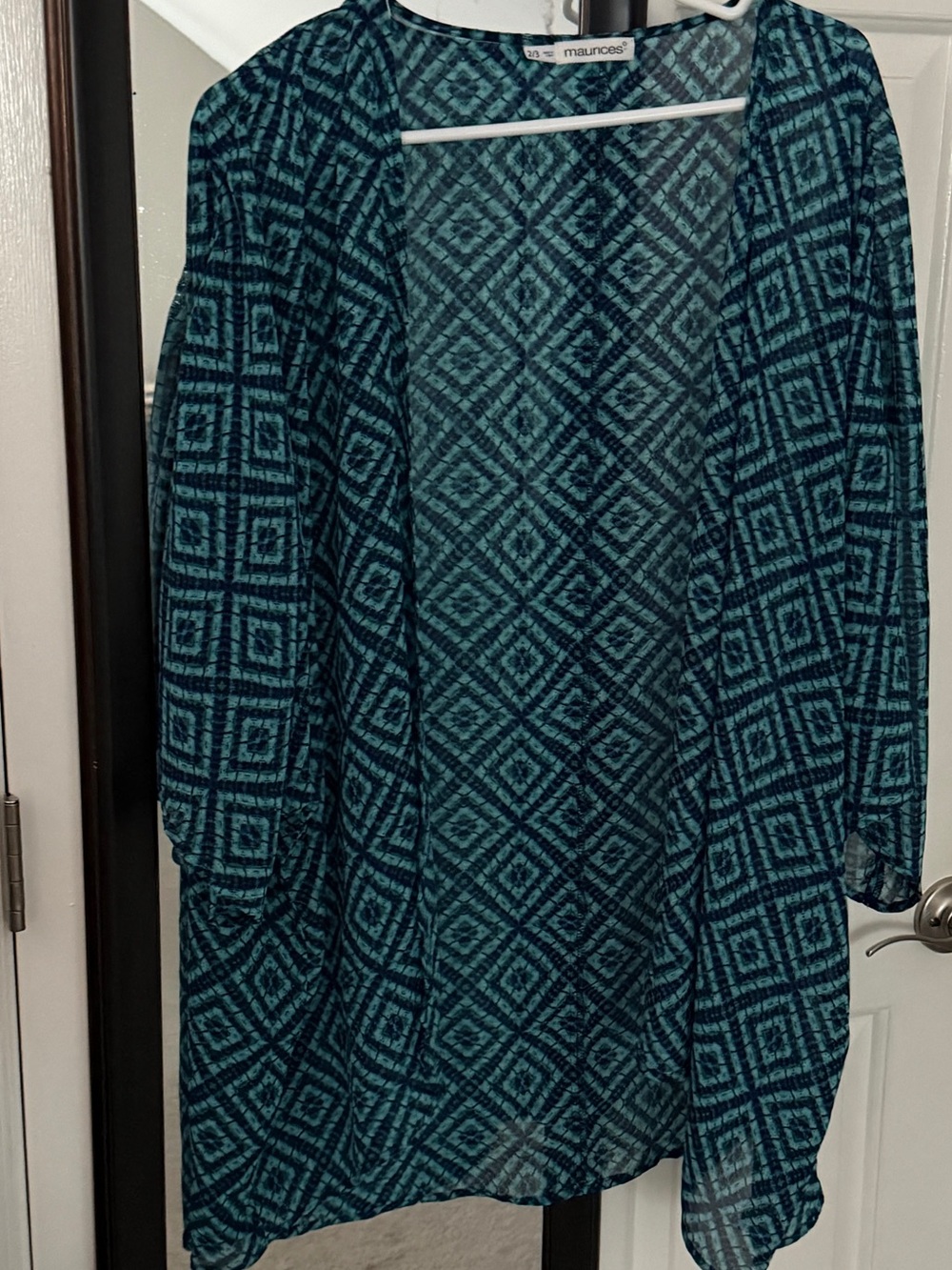 Maurices Blue Geometric Y2K Print Open Front Kimono Cardigan 2/3 2X/3X Eq